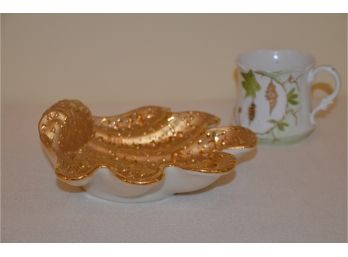 (#36) Hand Decorated 22K Gold Painted Candy Dish 7x6 And Cup
