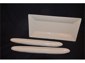 (#62) Portuguese Cream Ceramic Rectangular Platter 15x8 And 2 Olive Serving Dishes