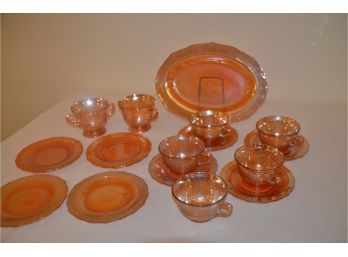 (#26) Vintage Amber Iridescent Depression Glass Dessert Set - 16 Pieces