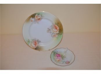 (#29) Schwartzberg Hand-painted Roses 10' Serving Platter And 6' Lemon Dish With Handle