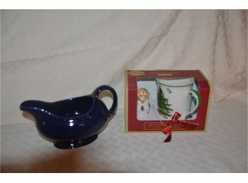 (#67) Blue Ceramic Gravy And NEW Spode Christmas Mug Set