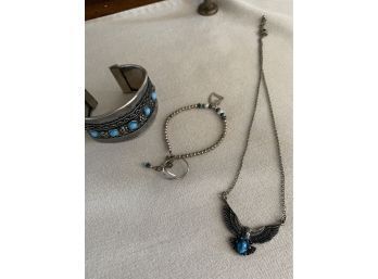 Eagle Necklace, Beaded Bracelet, Sterling Heart Ring & Turquoise Cuff Bracelet