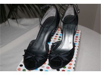 Moda Spana Ladies Open Toe Black Satin Shoes - Ankle Strap And Rhinestone Buckle Size 7.5