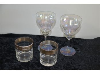 2 Iridescent  Wine Glasses, 2 Silver Rim Glasses, Lenox Coffee Mug
