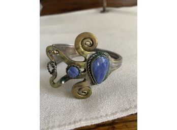 Oneida Silver Artisan Fork Cuff Bracelet With Inlayed Genuine Stones