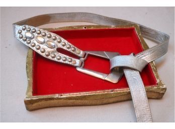 Silver Buckle Metallic Rhinestone Studded Leather Adjustable Belt