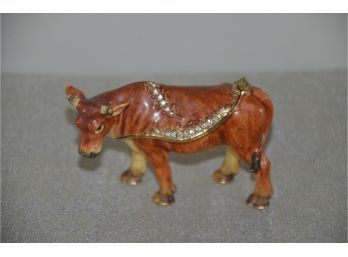 (#64) Brown Cow Trinket Box Enamel With Jewel Accents Adorable Gift