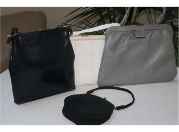 4 Vintage Handbags - Black Leather Kessler, White Vinyl,  Grey Leather Guild Creations, Black Taffeta W/change