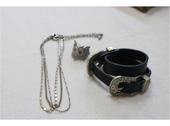 Costume Silver Choker Necklace, Buckle Wrap Around Cuff & Owl Ring