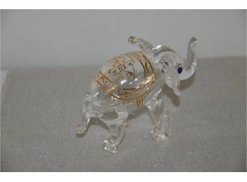 (#69) Good Luck Glass Elephant Trunk Up Gold Detail And  Blue Jewel Eyes
