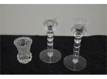 (#55) Orrefor Pair Of Glass Candle Sticks And Bud Vase