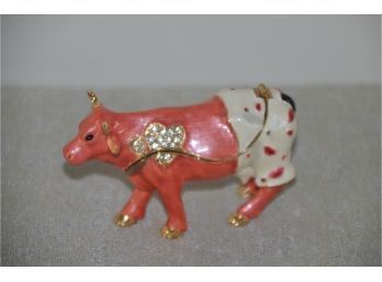 (#65) Peach / Beige Cow Trinket Box Enamel With Jewel Accents Adorable Gift