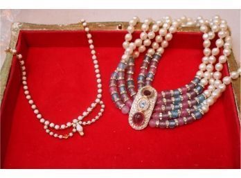 (#116) Vintage Antique White Adjustable Beaded Necklace & 5 Pearl Precious Stone Rhinestone Choker