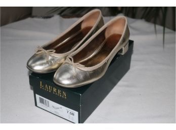 Ralph Lauren Metallic Gold Kidskin Leather Ballet Shoe With Heel - Size 7.5