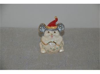 (#63) Christmas MouseTrinket Box Enamel With Jewel Accents 3'H Adorable Gift