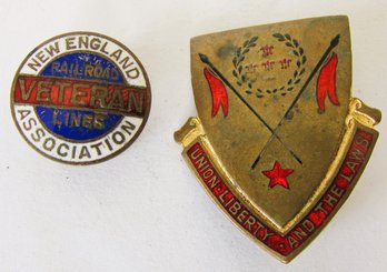 Two Enameled Pins, Railroad Veterans And 26th Division National Lancers.