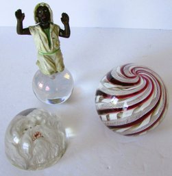Group Of Three Paperweights Including Figural, Latticino And Intaglio Examples