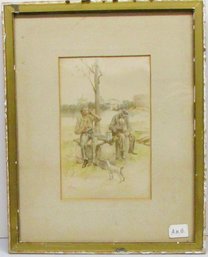 W. T. Smedley Watercolor And Pencil Sketch Of Two Men And A Dog