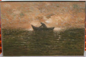 Oil On Canvas Of A Man In A Dory