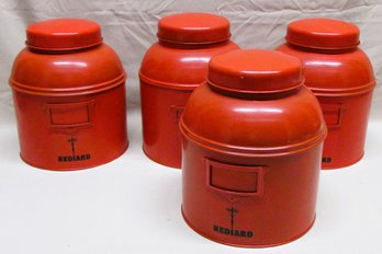 Four Red Hediard Metal Cannisters With Fitted Lids