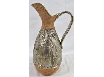 Mid Century Redware Pitcher With Silver Overlay