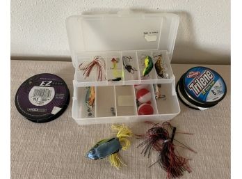 Small Tackle Box With Assortment Of Lures, Bobbles, Etc. & Fishing Line