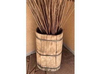Vintage Tall Wood Barrel With Dried Bunch Of Twigs