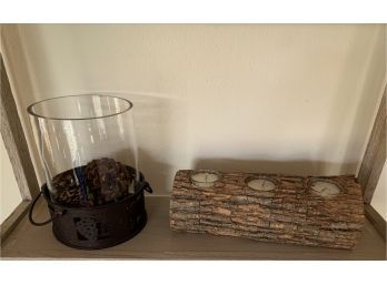 Hand Carved Log Candle Holder With Rustic Metal/glass Candle Holder W/ Pinecones
