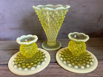 Fenton Yellow Topaz Hobnail Vase & Candlestick Holder Lot