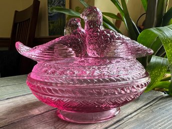 Pink Lidded Bird Glass Candy Dish