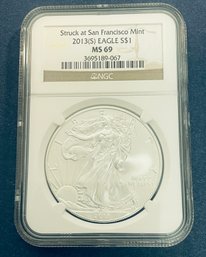 2013-S SILVER AMERICAN EAGLE $1 99.9 PERCENT FINE SILVER ROUND COIN-STRUCK AT SAN FRAN MINT-NGC GRADED -MS69
