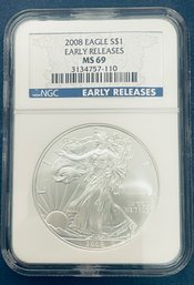 2008 SILVER AMERICAN EAGLE $1 99.9 PERCENT FINE SILVER ROUND COIN -EARLY RELEASES- NGC GRADED -MS69