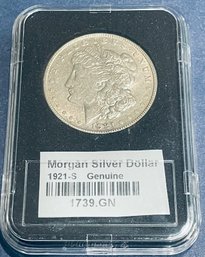 1921-S MORGAN SILVER DOLLAR COIN - IN PLASTIC CASE