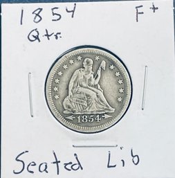 1854 SEATED LIBERTY SILVER QUARTER DOLLAR COIN - FINE PLUS!