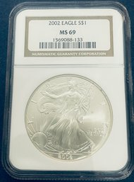 2002 SILVER AMERICAN EAGLE $1 99.9 PERCENT FINE SILVER ROUND - NGC GRADED -MS69