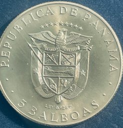 LARGE 36 GRAM REPUBLICA DE PANAMA - 5 BALBOAS  .925 SILVER COIN