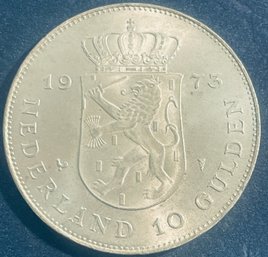 1973 NETHERLANDS 10 GULDENS SILVER COIN - UNCIRCULATED!