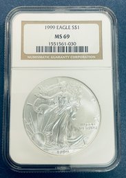 1999 SILVER AMERICAN EAGLE $1 99.9 PERCENT FINE SILVER ROUND - NGC GRADED -MS69