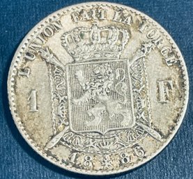 1888 BELGIUM SILVER FRANC - AU - GREAT COIN!