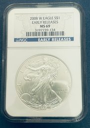 2008-W SILVER AMERICAN EAGLE $1 99.9 PERCENT FINE SILVER ROUND COIN -EARLY RELEASES- NGC GRADED -MS69