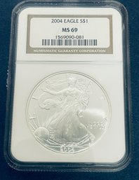 2004 SILVER AMERICAN EAGLE $1 99.9 PERCENT FINE SILVER ROUND - NGC GRADED -MS69
