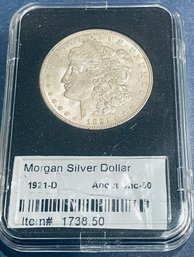 1921-D MORGAN SILVER DOLLAR COIN -AU -  IN PLASTIC CASE