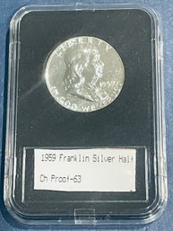 1959 PROOF FRANKLIN SILVER HALF DOLLAR COIN - IN PLASTIC CASE