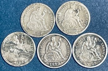 LOT (5) SEATED LIBERTY DIME TEN CENT COINS - 1876, 1877, 1883, 1889 & 1890
