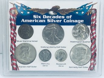 SIX DECADES OF AMERICAN SILVER COINAGE - (7) COINS  - INCLUDES: (3) HALF DOLLARS, QUARTER, NICKEL & (2) DIMES