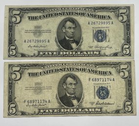 LOT (2) SERIES 1953 & 1953 A $5 DOLLAR SILVER CERTIFICATES