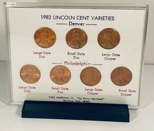 1982 LINCOLN MEMORIAL CENTS VARIETIES COLLECTION OF 7 COINS - INCLUDES P & D MINT - IN DISPLAY AND STAND