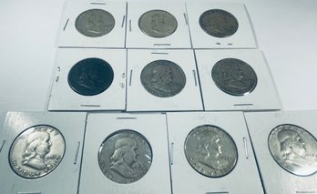LOT (10) FRANKLIN 90 PERCENT SILVER HALF DOLLAR COINS - IN CARDBOARD FLIPS