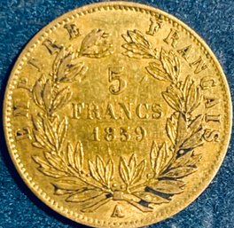 RARE!! 1859-A 5 FRANC FRENCH GOLD COIN - 90 PERCENT PURE GOLD