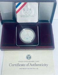 UNITED STATES MINT 1988 PROOF SILVER DOLLAR OLYMPIC COIN - IN BOX, CASE & COA